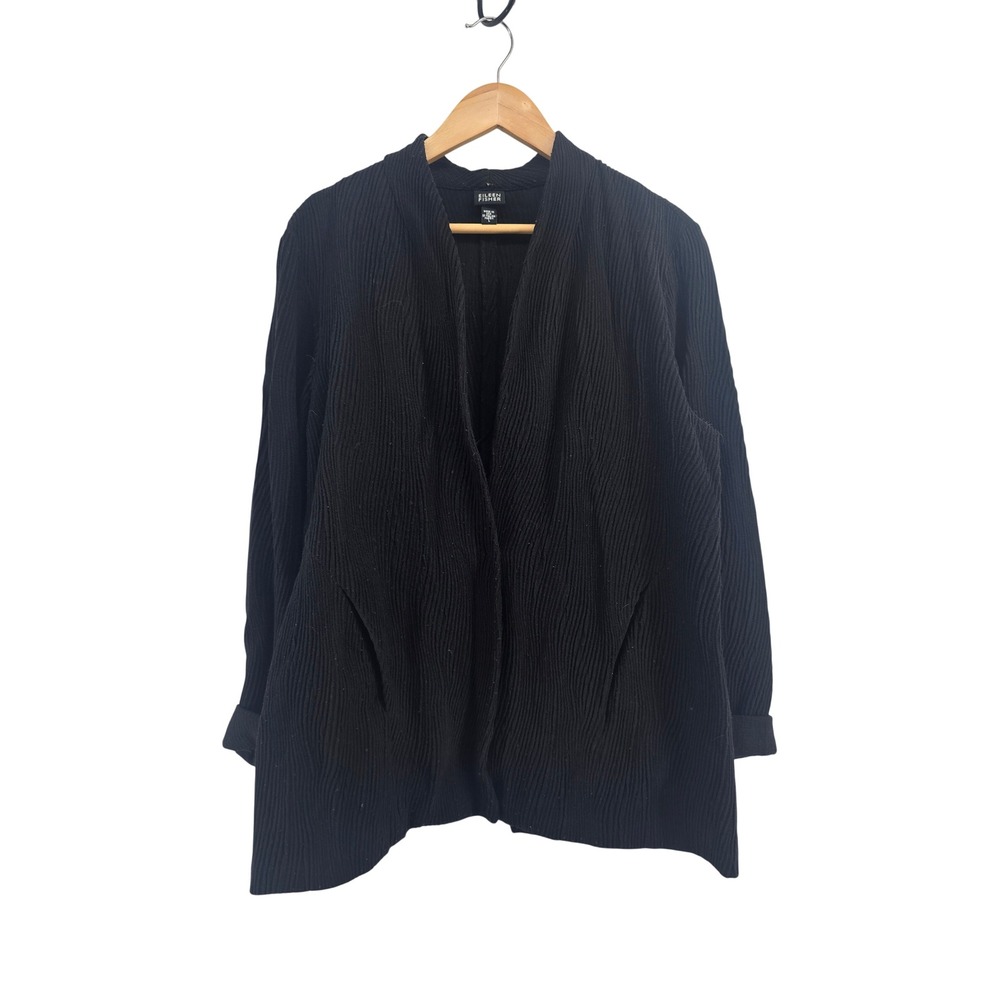 Eileen Fisher Cardigan Jacket Womens L Ribbed Open Front Black Textured EUC